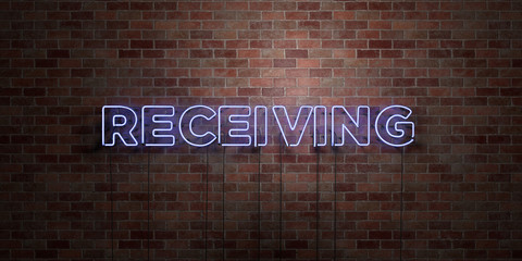 RECEIVING - fluorescent Neon tube Sign on brickwork - Front view - 3D rendered royalty free stock picture. Can be used for online banner ads and direct mailers..