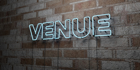 VENUE - Glowing Neon Sign on stonework wall - 3D rendered royalty free stock illustration.  Can be used for online banner ads and direct mailers..