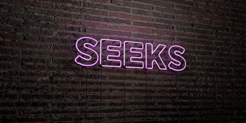 SEEKS -Realistic Neon Sign on Brick Wall background - 3D rendered royalty free stock image. Can be used for online banner ads and direct mailers..