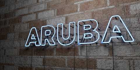 ARUBA - Glowing Neon Sign on stonework wall - 3D rendered royalty free stock illustration.  Can be used for online banner ads and direct mailers..