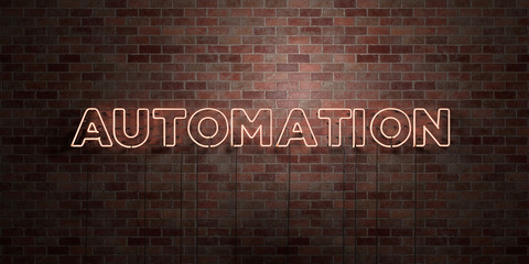 AUTOMATION - fluorescent Neon tube Sign on brickwork - Front view - 3D rendered royalty free stock picture. Can be used for online banner ads and direct mailers..