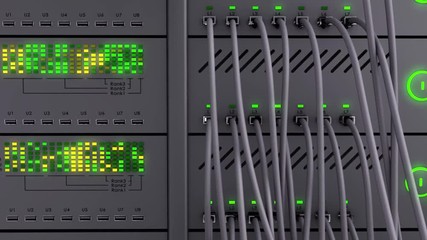 Working data servers. Green LED lights are flashing. Frontal camera moves to the right. Modern server. - Powered by Adobe