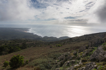 View of Sintra in autumn cloudy day. The highest viewpoint of Sintra region, Santuario da Peninha, Portugal.