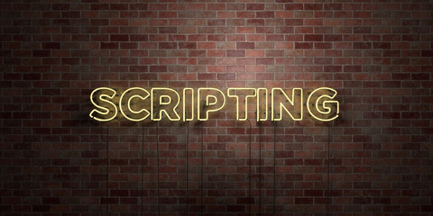 SCRIPTING - fluorescent Neon tube Sign on brickwork - Front view - 3D rendered royalty free stock picture. Can be used for online banner ads and direct mailers..