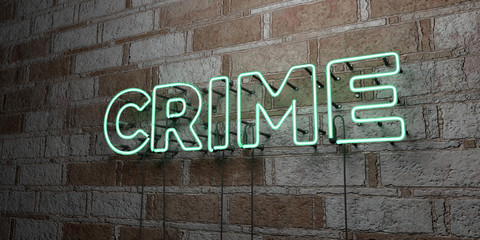 CRIME - Glowing Neon Sign on stonework wall - 3D rendered royalty free stock illustration.  Can be used for online banner ads and direct mailers..
