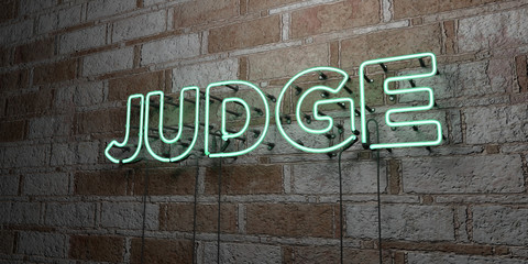 JUDGE - Glowing Neon Sign on stonework wall - 3D rendered royalty free stock illustration.  Can be used for online banner ads and direct mailers..