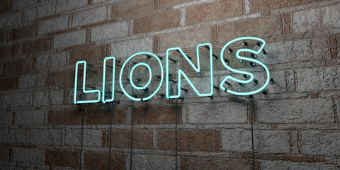 Fototapeta premium LIONS - Glowing Neon Sign on stonework wall - 3D rendered royalty free stock illustration. Can be used for online banner ads and direct mailers..