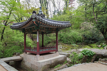 Ornate pavilion and verdant nature at Huwon (Secret Garden) at the Changdeokgung Palace in Seoul, South Korea.