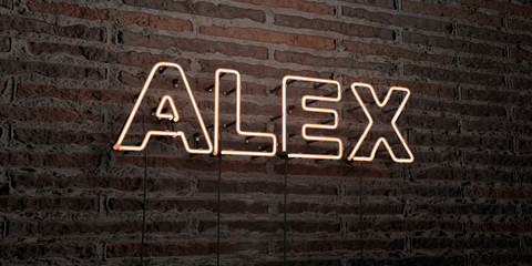 ALEX -Realistic Neon Sign on Brick Wall background - 3D rendered royalty free stock image. Can be used for online banner ads and direct mailers..