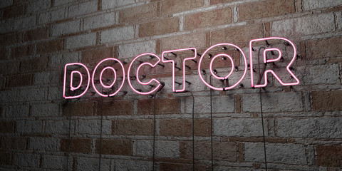 DOCTOR - Glowing Neon Sign on stonework wall - 3D rendered royalty free stock illustration.  Can be used for online banner ads and direct mailers..