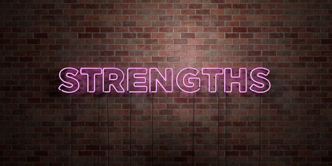 STRENGTHS - fluorescent Neon tube Sign on brickwork - Front view - 3D rendered royalty free stock picture. Can be used for online banner ads and direct mailers..
