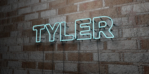 TYLER - Glowing Neon Sign on stonework wall - 3D rendered royalty free stock illustration.  Can be used for online banner ads and direct mailers..
