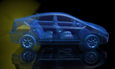 3d render of blue electric car with yellow glowing battery. Side view