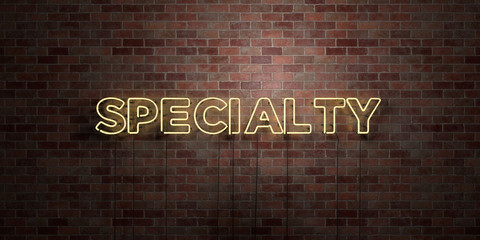 SPECIALTY - fluorescent Neon tube Sign on brickwork - Front view - 3D rendered royalty free stock picture. Can be used for online banner ads and direct mailers..