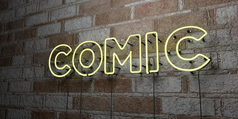 COMIC - Glowing Neon Sign on stonework wall - 3D rendered royalty free stock illustration.  Can be used for online banner ads and direct mailers..