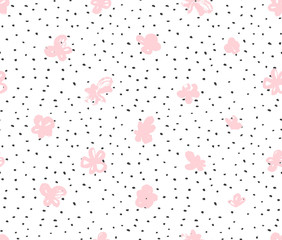 Seamless pattern with pink flowers on the polka dot background. Vector floral background. Ink fabric design. © Utro na more