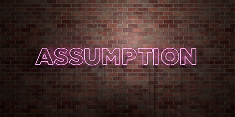 ASSUMPTION - fluorescent Neon tube Sign on brickwork - Front view - 3D rendered royalty free stock picture. Can be used for online banner ads and direct mailers..