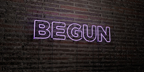 BEGUN -Realistic Neon Sign on Brick Wall background - 3D rendered royalty free stock image. Can be used for online banner ads and direct mailers..