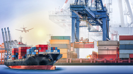 Container cargo ship and cargo plane with port crane bridge in harbor at sunset sky, Freight...
