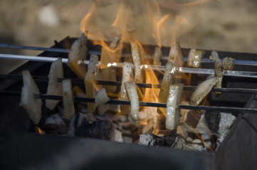 Cooking on the nature. Roasting tasty bacon on the brazier with bonfire and coal