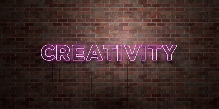 CREATIVITY - fluorescent Neon tube Sign on brickwork - Front view - 3D rendered royalty free stock picture. Can be used for online banner ads and direct mailers..