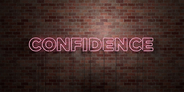 CONFIDENCE - fluorescent Neon tube Sign on brickwork - Front view - 3D rendered royalty free stock picture. Can be used for online banner ads and direct mailers..