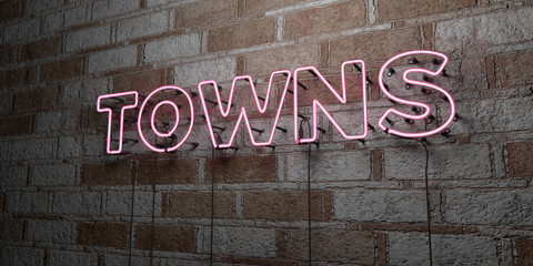 TOWNS - Glowing Neon Sign on stonework wall - 3D rendered royalty free stock illustration.  Can be used for online banner ads and direct mailers..