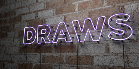 DRAWS - Glowing Neon Sign on stonework wall - 3D rendered royalty free stock illustration.  Can be used for online banner ads and direct mailers..