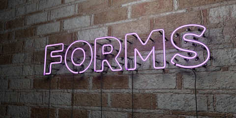 FORMS - Glowing Neon Sign on stonework wall - 3D rendered royalty free stock illustration.  Can be used for online banner ads and direct mailers..