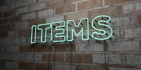 ITEMS - Glowing Neon Sign on stonework wall - 3D rendered royalty free stock illustration.  Can be used for online banner ads and direct mailers..