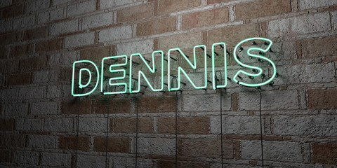 DENNIS - Glowing Neon Sign on stonework wall - 3D rendered royalty free stock illustration.  Can be used for online banner ads and direct mailers..