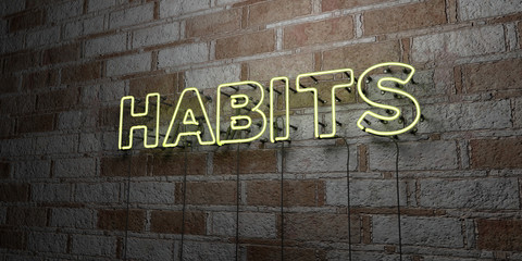 HABITS - Glowing Neon Sign on stonework wall - 3D rendered royalty free stock illustration.  Can be used for online banner ads and direct mailers..