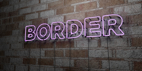 BORDER - Glowing Neon Sign on stonework wall - 3D rendered royalty free stock illustration.  Can be used for online banner ads and direct mailers..