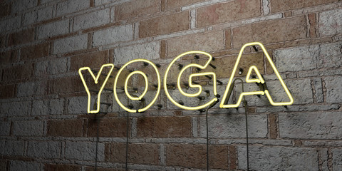 YOGA - Glowing Neon Sign on stonework wall - 3D rendered royalty free stock illustration.  Can be used for online banner ads and direct mailers..