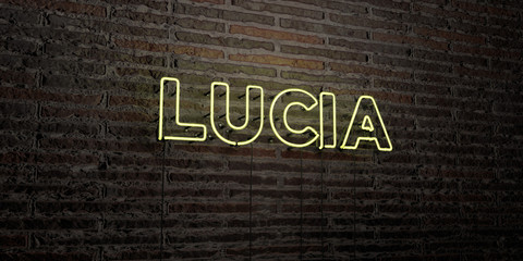 LUCIA -Realistic Neon Sign on Brick Wall background - 3D rendered royalty free stock image. Can be used for online banner ads and direct mailers..