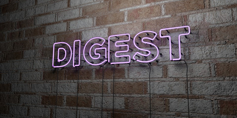 DIGEST - Glowing Neon Sign on stonework wall - 3D rendered royalty free stock illustration.  Can be used for online banner ads and direct mailers..