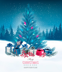 Holiday background with a blue Christmas tree and presents. Vect