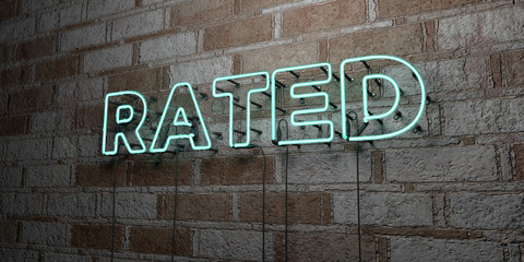 RATED - Glowing Neon Sign on stonework wall - 3D rendered royalty free stock illustration.  Can be used for online banner ads and direct mailers..