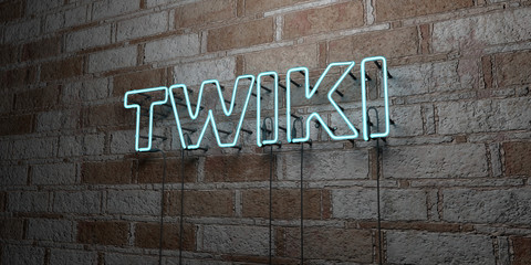 TWIKI - Glowing Neon Sign on stonework wall - 3D rendered royalty free stock illustration.  Can be used for online banner ads and direct mailers..