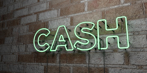 CASH - Glowing Neon Sign on stonework wall - 3D rendered royalty free stock illustration.  Can be used for online banner ads and direct mailers..