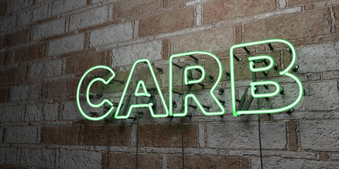 CARB - Glowing Neon Sign on stonework wall - 3D rendered royalty free stock illustration.  Can be used for online banner ads and direct mailers..