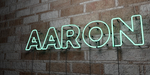 AARON - Glowing Neon Sign on stonework wall - 3D rendered royalty free stock illustration.  Can be used for online banner ads and direct mailers..