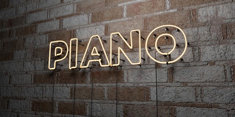 PIANO - Glowing Neon Sign on stonework wall - 3D rendered royalty free stock illustration.  Can be used for online banner ads and direct mailers..