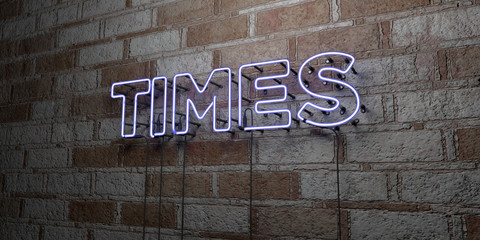 TIMES - Glowing Neon Sign on stonework wall - 3D rendered royalty free stock illustration.  Can be used for online banner ads and direct mailers..