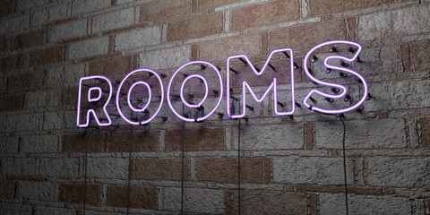 ROOMS - Glowing Neon Sign on stonework wall - 3D rendered royalty free stock illustration.  Can be used for online banner ads and direct mailers.. © Chris Titze Imaging