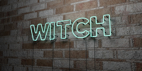 WITCH - Glowing Neon Sign on stonework wall - 3D rendered royalty free stock illustration.  Can be used for online banner ads and direct mailers..