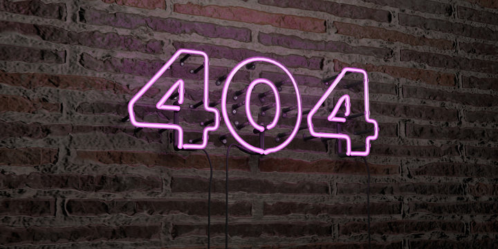 404 -Realistic Neon Sign on Brick Wall background - 3D rendered royalty free stock image. Can be used for online banner ads and direct mailers..