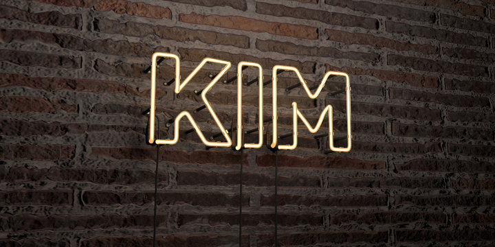 KIM -Realistic Neon Sign on Brick Wall background - 3D rendered royalty free stock image. Can be used for online banner ads and direct mailers..