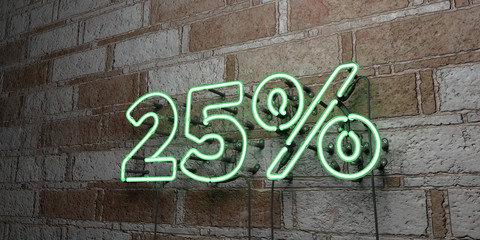 25% - Glowing Neon Sign on stonework wall - 3D rendered royalty free stock illustration.  Can be used for online banner ads and direct mailers..