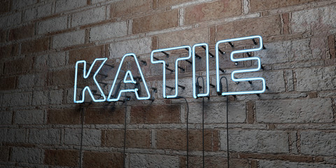 KATIE - Glowing Neon Sign on stonework wall - 3D rendered royalty free stock illustration.  Can be used for online banner ads and direct mailers..